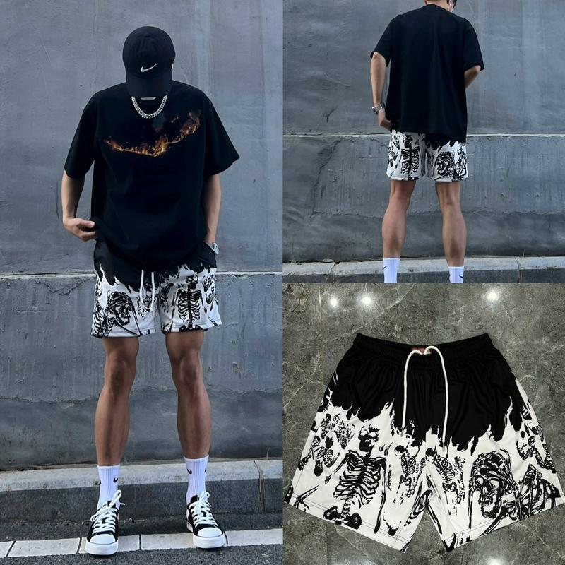 Quần short nam âu mỹ hoạ tiết bộ xương chất liệu vải polyester co dãn 2 chiều túi quần có khoá có size 40-110kg m-l-xl-xxl-xxxl của nhà DUMIMAN  Menswear Kem xl 【 9   d093 quần short xanh látúi lớn