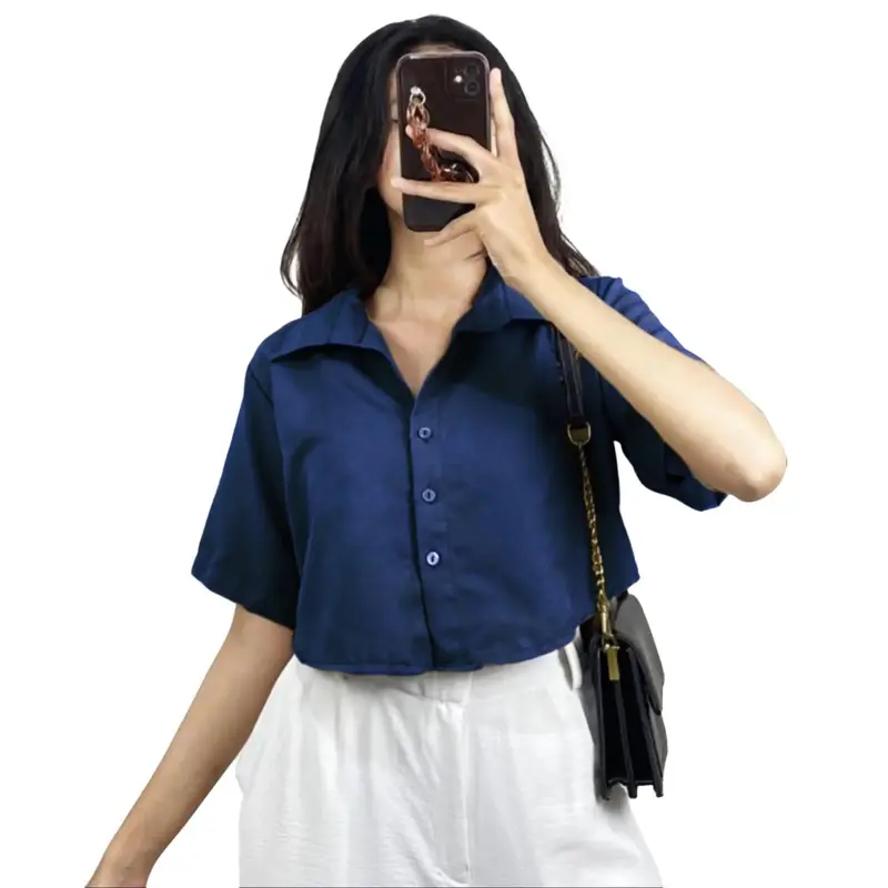 Kemeja Crop Wanita Lengan Pendek Korean Outfit Style Bahan Shakila Twill 8