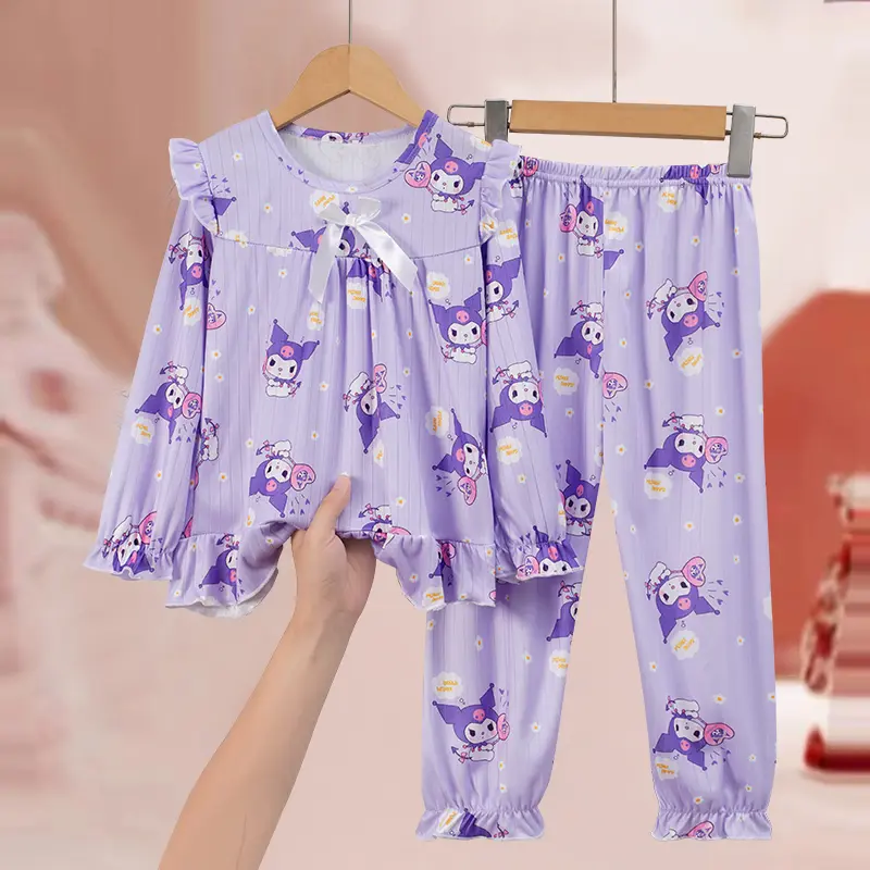 【COD】Piyama Kanak-kanak, untuk Perempuan, Nipis, Lengan Panjang, dengan Kolar Ikatan Simpul, Rekaan Jalur Tenggelam Kartun, Diperbuat daripada Sutera Susu, Sut Pakaian Rumah