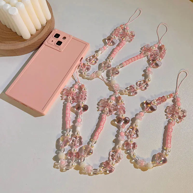 Colourfull Lanyard Strap Accessories Korean Style Hot New Spring Flower Pink Tulip Mobile Phone Case Chain Anti-Lost Soft Pottery Lanyard Pearl Acrylic Bead Colorful Portable Wrist Strap Rope Pendant y2k bracelets 7