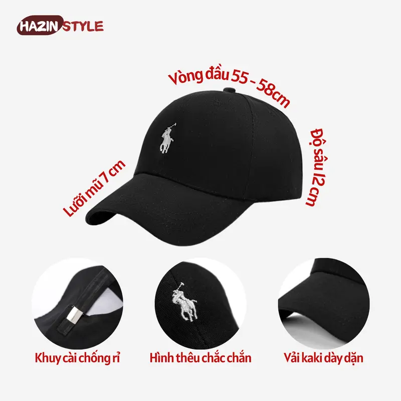 Mũ lưỡi trai HAZIN thêu hình ngựa form cứng, chất kaki mềm mịn cao cấp thoáng mát dành cho nam nữ 1