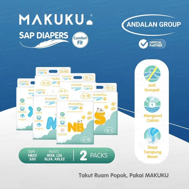 2 Ball Makuku Comfort Fit NB32/S30/M28/L26/XL24/XXL22 Diapers Bayi Popok 0