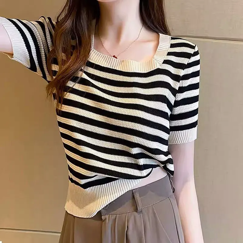 Square Neck Short T-Shirt for Women New Summer Short Sleeve Slimming Stylish Striped Knitted Top