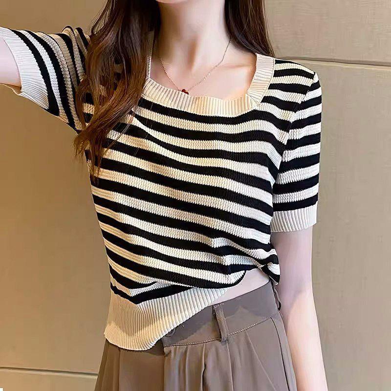 Product Introduction of Square Neck Short T-Shirt for Women New Summer Short Sleeve Slimming Stylish Striped Knitted Top 9