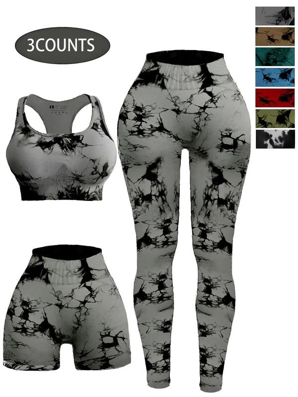 Women's 3pcs Tie Dye Print Ruched Sports Bra & High Waist Leggings & Skinny Shorts Tracksuit Set, Sleeveless Straps Top & High Stretch Seamless Yoga Pants & Shorts Fitness 3