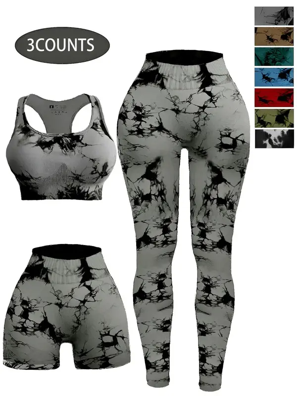 Women's 3pcs Tie Dye Print Ruched Sports Bra & High Waist Leggings & Skinny Shorts Tracksuit Set, Sleeveless Straps Top & High Stretch Seamless Yoga Pants & Shorts Fitness 3