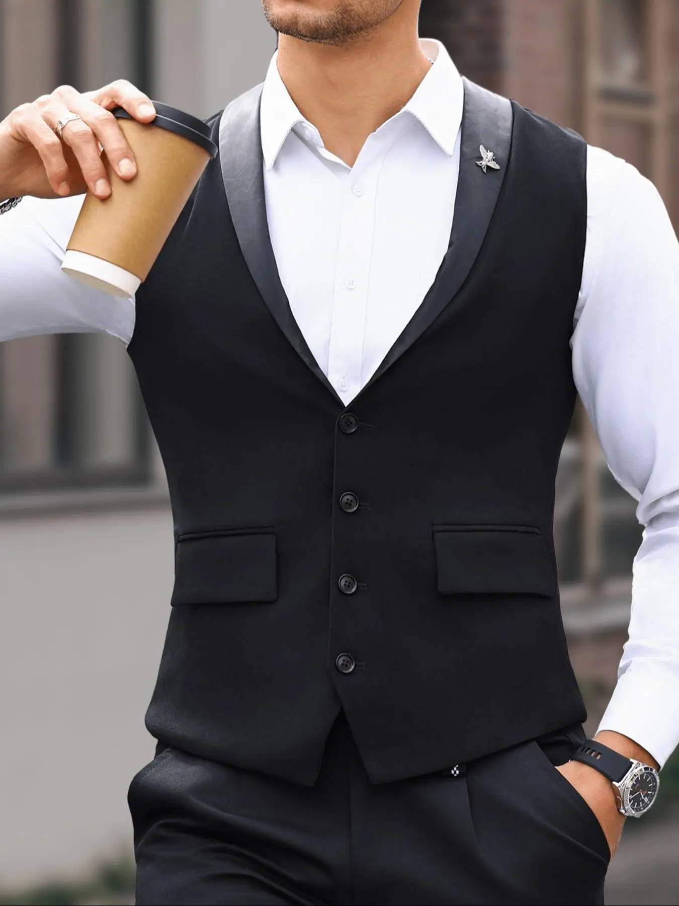 Men's Solid Button Front Belted Vest Blazer, Slim Business Formal V Neck Suit Vest for Work Office, Men's Clothing for Summer