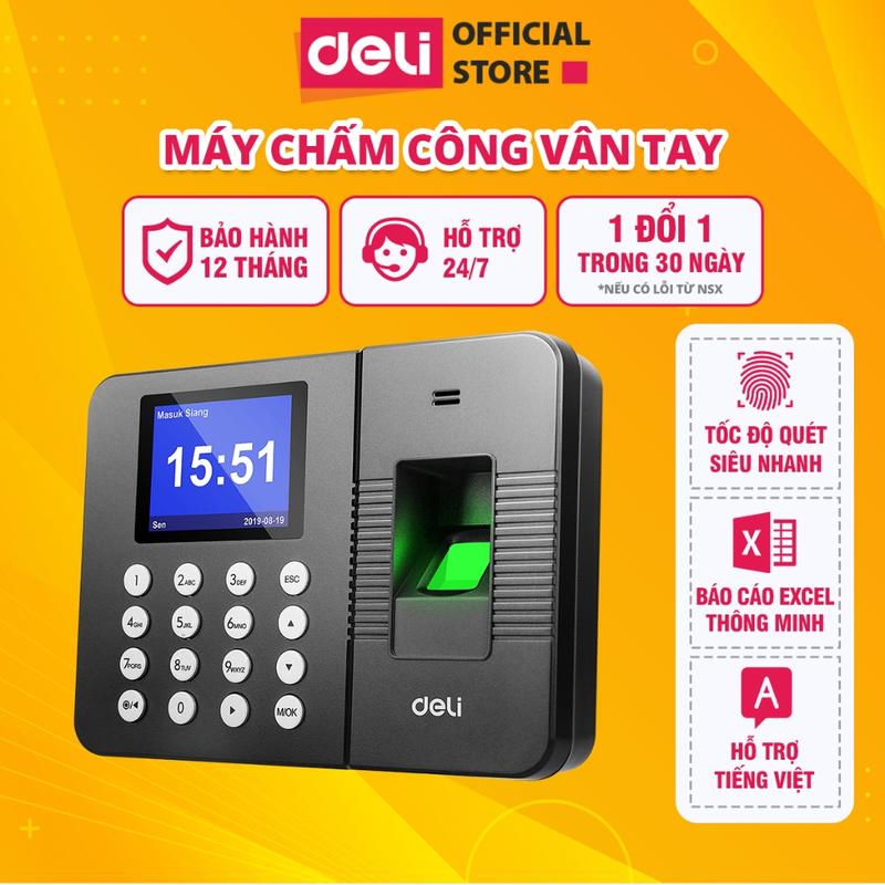 Máy chấm công Deli quét vân tay nhận diện gương mặt máy chấm công có tiếng việt kết nối USB Báo Cáo Bằng File Excel
