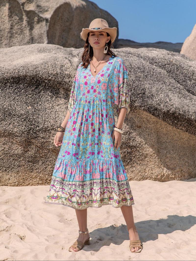 Product Introduction of Women's Floral Print V Neck Dress, Boho Fashion Half Sleeve Dress for Beach Holiday Vacation, Ladies Dress for Summer 3