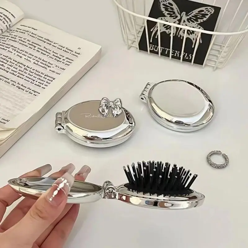 Portable Mini Pocket Mirror, Folding Comb, Girl Women Portable Round Small Travel Massage Hair Brush with Mirror, Makeup Mirror
