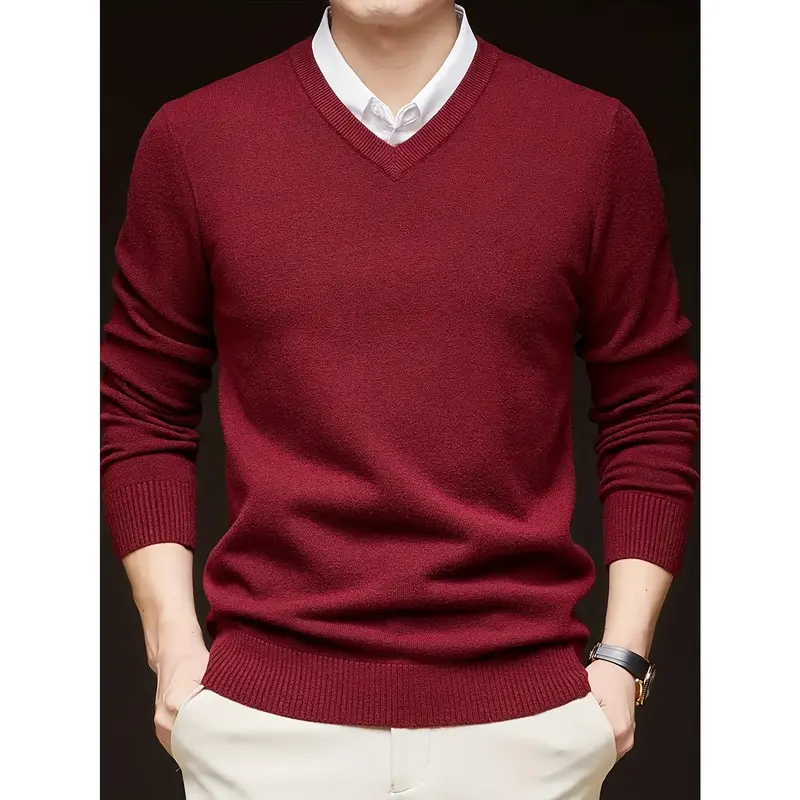 [Long Sleeve V-Neck Pullover Sweater] Men'S V-Neck Pullover Sweater, Rayon Blend Knitwear, Solid Color, Long Sleeve, Regular Fit, Stretch Fabric, for Daily & Casual Wear 3