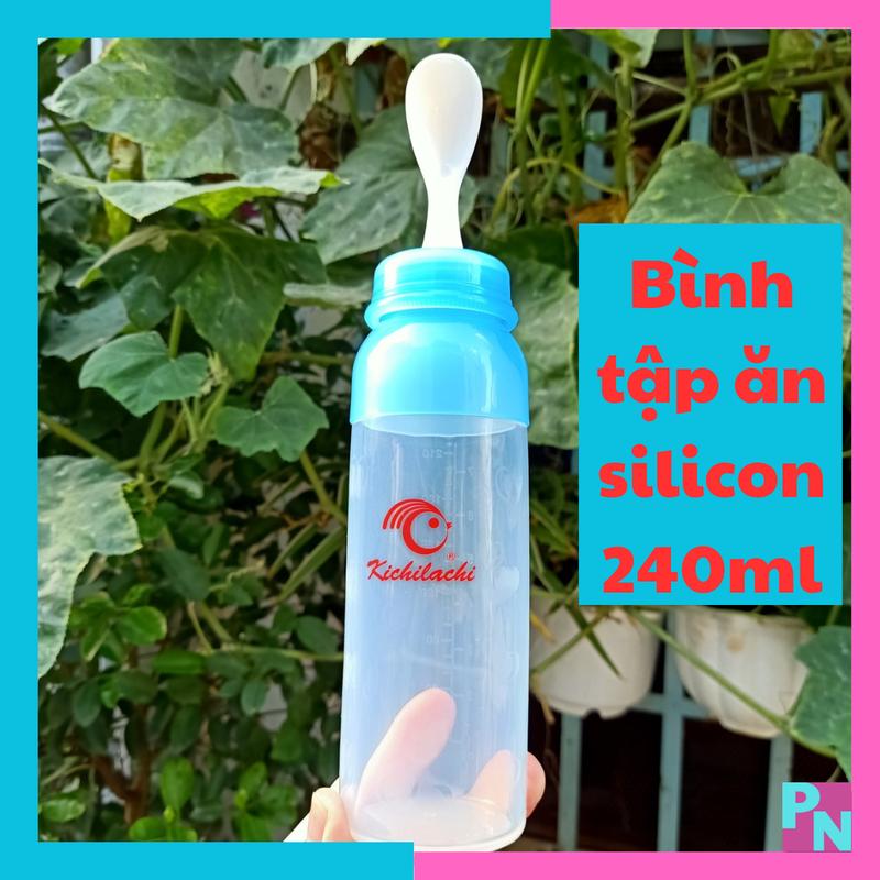 Bình tập ăn cho bé bình tập ăn dặm silicone 240ml Kichi bóp mềm Không BPA