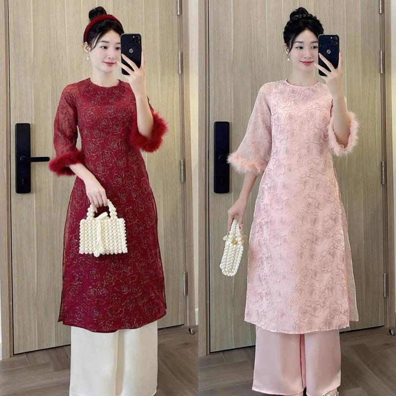 Set Áo Dài BIGSIZE 4 TÀ CAO CẤP kèm quần Lụa Satin phom A nhẹ dễ mặc che khuyết điểm tốt- Ú XINH STORE- D174 Áo Dài Lông Vũ