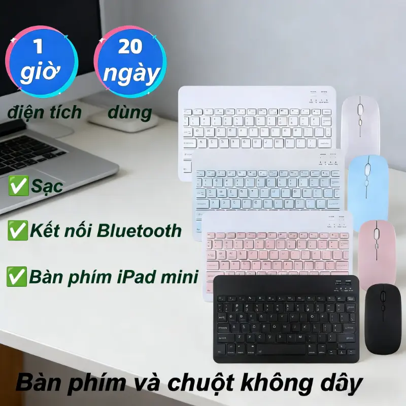 Bộ bàn phím và chuột Bluetooth không dây - Thiết kế gọn 10 inch, cắm là dùng, phù hợp cho học tập và văn phòng