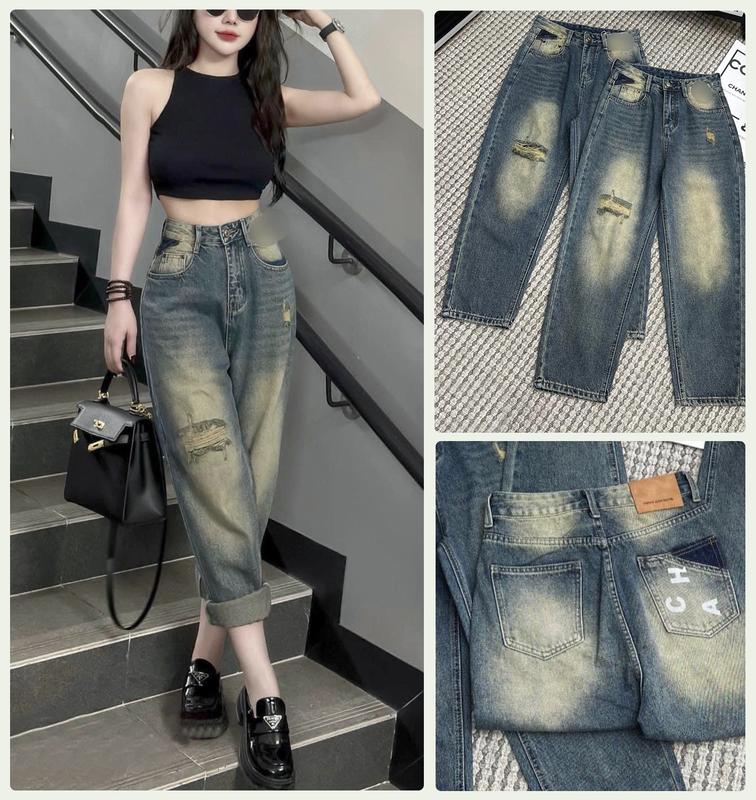 QUẦN BAGGY JEAN NỮ LƯNG CAO RÁCH CÀO ĐÙI GỐI PHẢI MÀU XANH ĐẬM LAI CUỐN CÁ TÍNH ÔM DÁNG XỊN SÒ