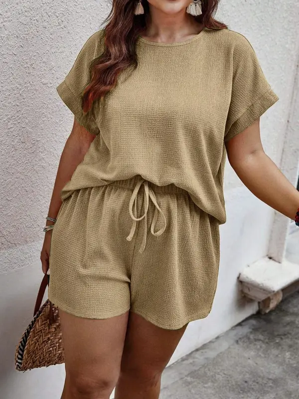 【Plus Size】Two Pieces Solid Textured Blouse Tops & Drawstring Waist Shorts Set, Summer Outfits 2024 Sets, Casual Short Sleeve Keyhole Neckline Top & Shorts, Outfits for Summer, Co Ords for Women 2