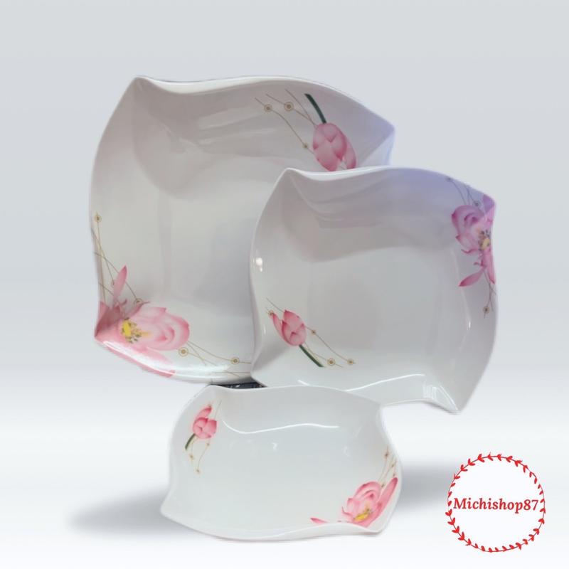 Đĩa nhựa phíp vuông trắng có hoạ tiết 3 size chịu nhiệt tốt đựng hoa quả, đồ ăn loại dầy đẹp