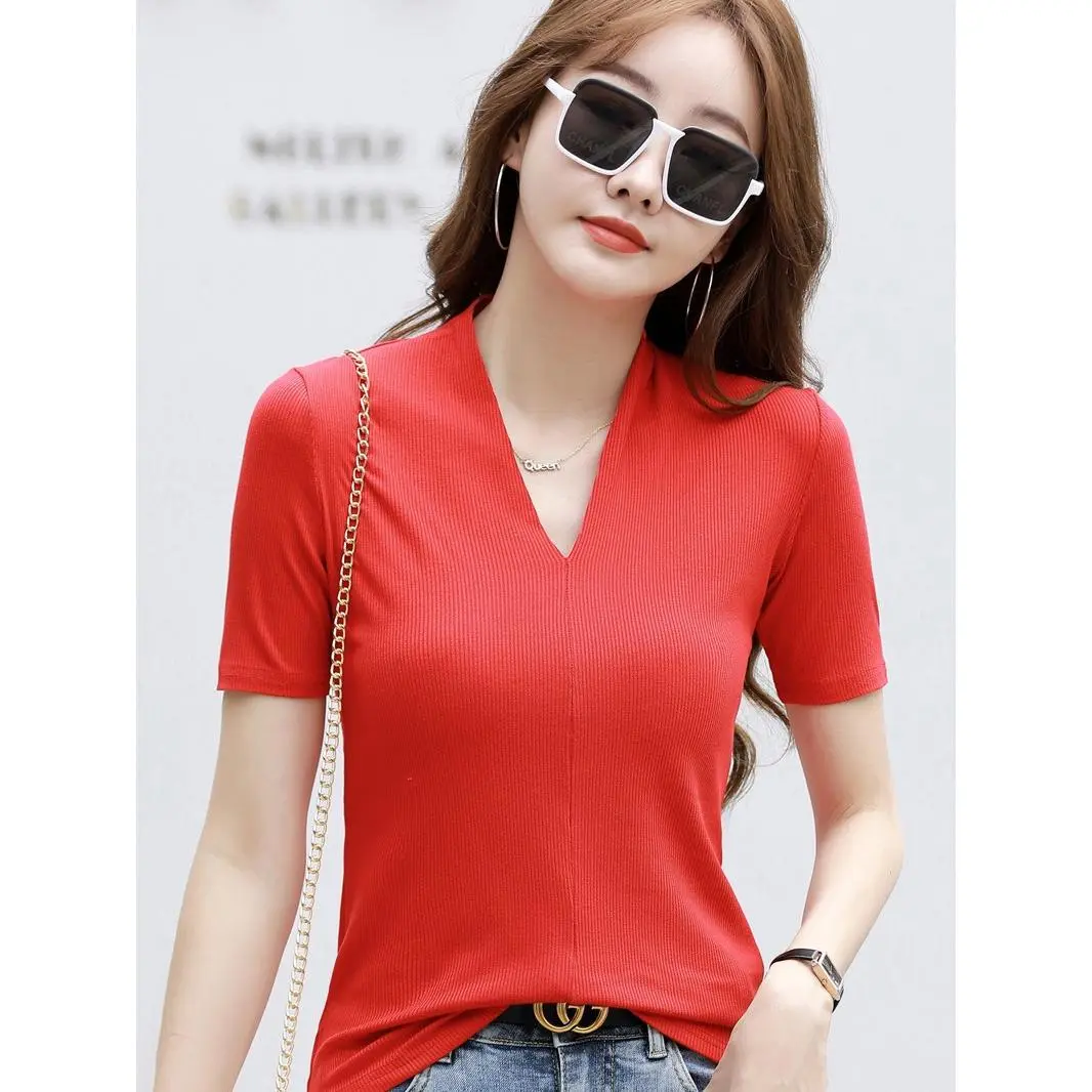 Áo Thun Ngắn Tay Sườn, Dành Cho Nữ, Dáng Ôm, Gợi Cảm, Thời Trang, Phong Cách Thường Ngày Cổ Chữ V, Áo Tay Lửng Áo, Hàng Mới Về Mùa Hè 2024 Top Women