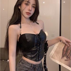 เสื้อกั๊กสำหรับผู้หญิง ดีไซน์สาวฮอต แบบผูกเชือก ดีไซน์สะดือ ทำจากหนัง PU สไตล์สลิง เซ็กซี่และเซ็กซี่ เหมาะสำหรับฤดูร้อน สไตล์เชือกแขวนคอ ทรงสลิมฟิต สามารถใส่ข้างนอกได้ เสื้อสั้น Clothing Women Lady เสื้อ มี