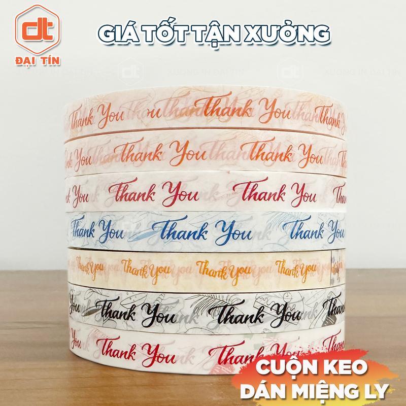 Cuộn băng keo dán nắp ly, dán ly cà phê, trà sữa in sẵn mẫu Thank You