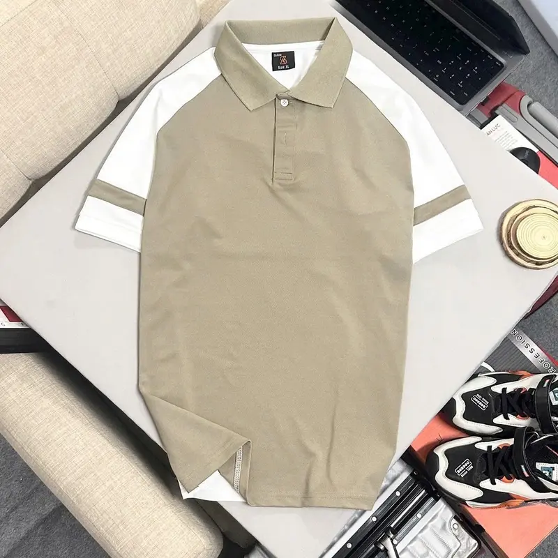 HAIPO082/92- Áo Polo nam raglan nâu rêu/ nâu cà phê/ trắng/ đen, tay sọc, vải poly cá sấu, co dãn 4 chiều 1