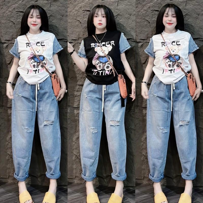 Sét Bộ Jean Áo Tay Ngắn Tay Phối Jean Kèm Quần Jean Baggy Trơn,Jean Mềm không giãn phom 45-60kg Nữ Top Kem Women