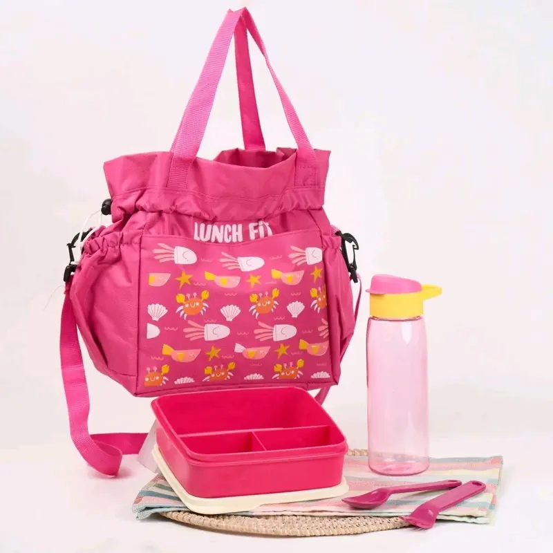 Totebag Tas Bekal Kotak Makan Botol Anti Tumpah Set Pink 4