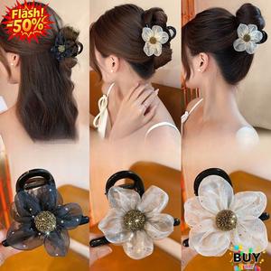 คลิปหนีบดอกไม้ตาข่าย Organza, ระดับไฮเอนด์, สำหรับผู้หญิง, กิ๊บติดผม Rhinestone, คลิปฉลามหลังศีรษะ, เครื่องประดับผมเงาประกาย, มีสีดำ สีขาว และสีกากี สวยๆ