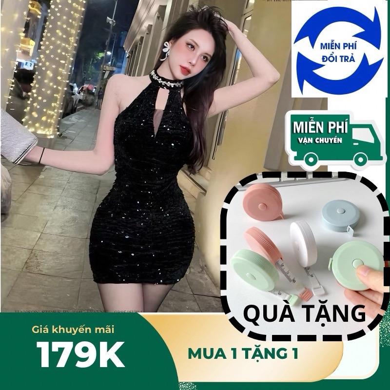 Đầm dự tiệc kim sa lấp lánh bling bling cổ đính đá không mút ngực