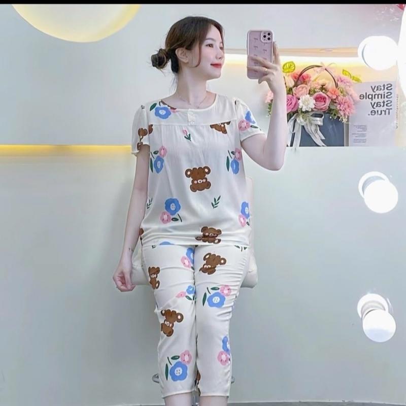 KA77 - Size 3XL (75-80kg) Đồ Bộ Tole Lanh Nữ Áo Tay Ngắn Cổ Tròn 2 Nút Quần 9 Tấc Top 5