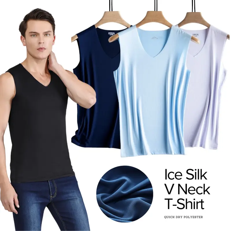 Kaos Dalam Pria Singlet Polos Warna V Neck Ice Silk Spandex T-Shirt Tipis Tali Besar JCKS11 0