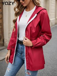 YOZY Women's Solid Drawstring Zip Up Hooded Coat, Casual Long Sleeve Outerwear for Spring & Fall, Ladies Clothes for Daily Wear