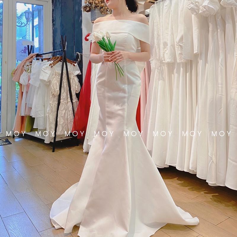 Váy body cúp đuôi cá bệt vai nơ đan lưng- Váy cưới, đầm cưới thiết kế đi bàn, chụp ảnh, thanh lịch, nhẹ nhàng-H315 2