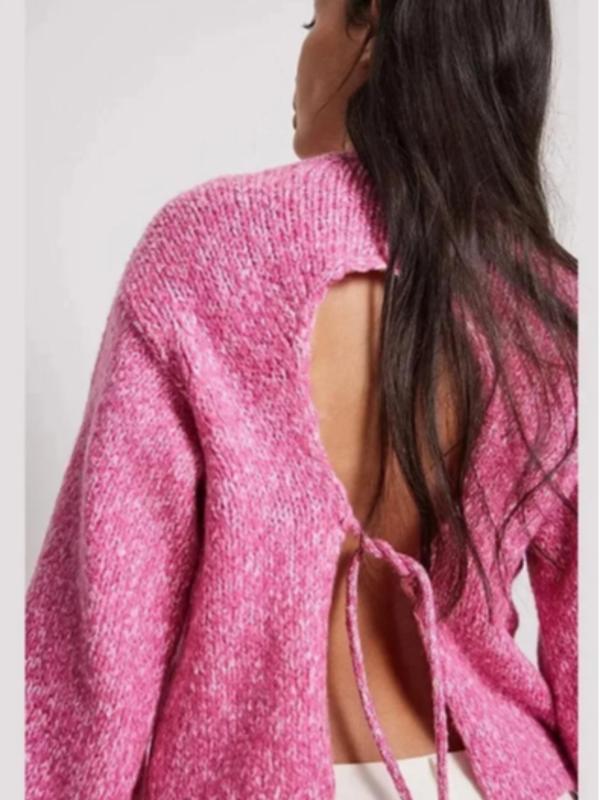 Women's Cut Out Backless Lantern Sleeve Sweater, Fashion Casual Drop Shoulder Tie Back Jumper for Daily Outdoor Wear, Ladies Knit Top for Spring & Fall 3