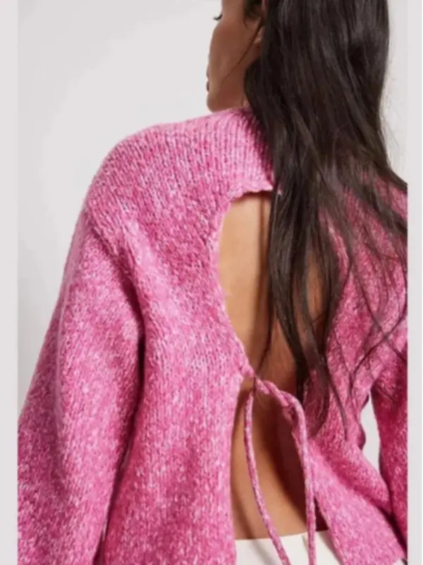 Women's Cut Out Backless Lantern Sleeve Sweater, Fashion Casual Drop Shoulder Tie Back Jumper for Daily Outdoor Wear, Ladies Knit Top for Spring & Fall 3