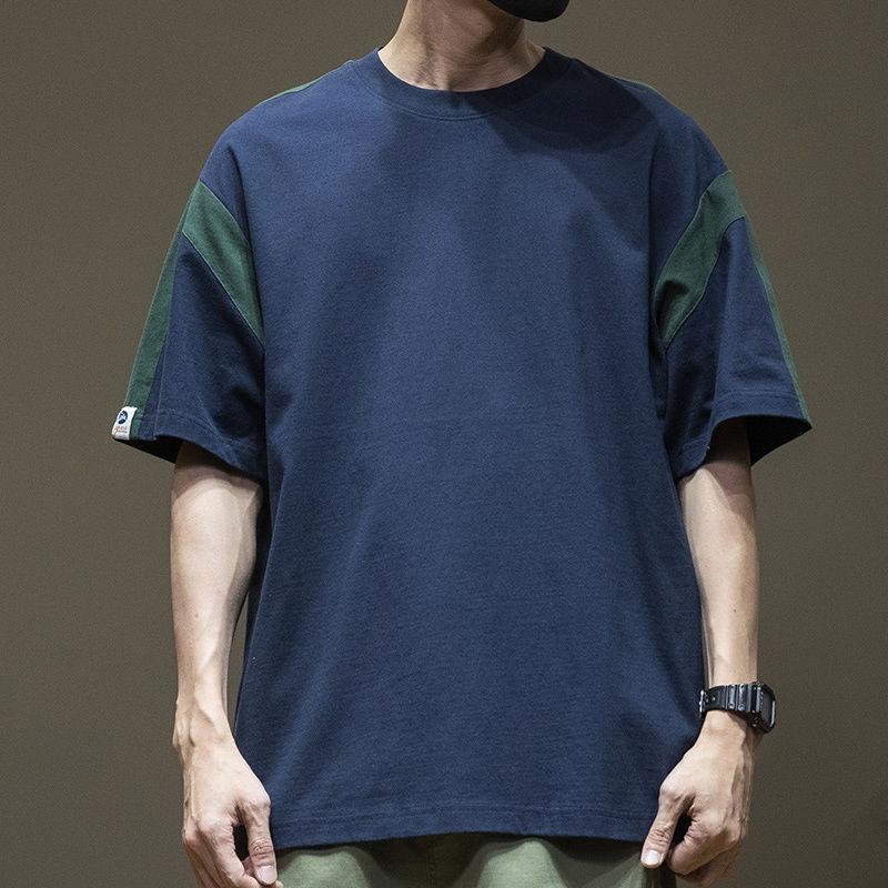 2023 New Summer Trendy Japanese Style Patchwork Color Block Regular Shoulder Short Sleeve T-Shirt Men Drop Shoulder Half Sleeve Men's Youth T-Shirt 3