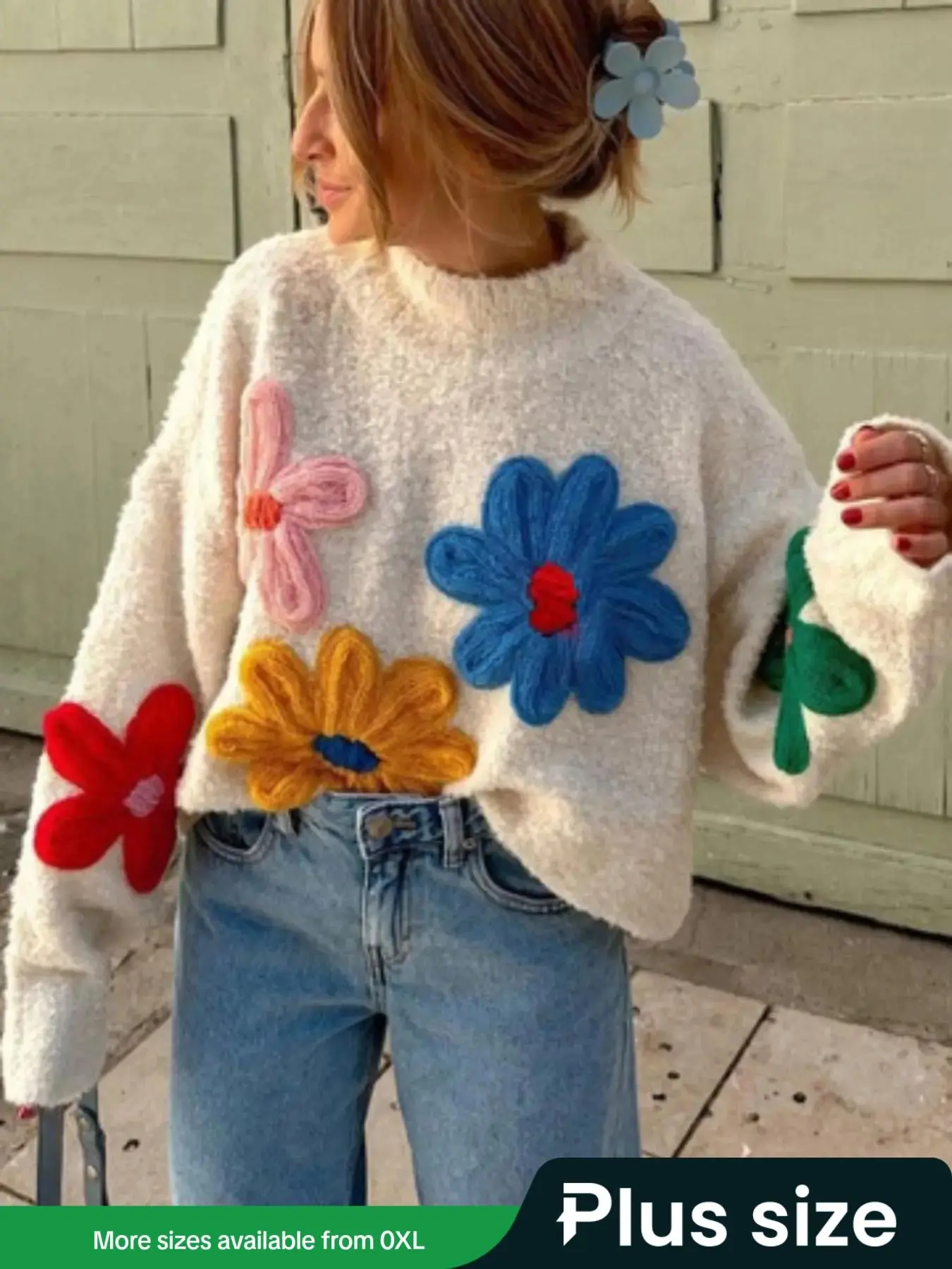 【plus Size】 Colorblock Floral Embroidered Drop Shoulder Sweater Pullover, Casual Long Sleeve Mock Neck Jumper for Fall & Winter, Women's Plus Clothing for Daily Wear, Going Out Tops, Womenswear