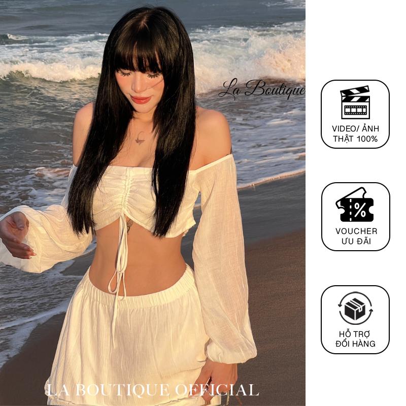Áo Trễ vai Tay phồng La Boutique Croptop nữ Tay dài Vải tơ nhún Dây rút Cổ yếm Nữ