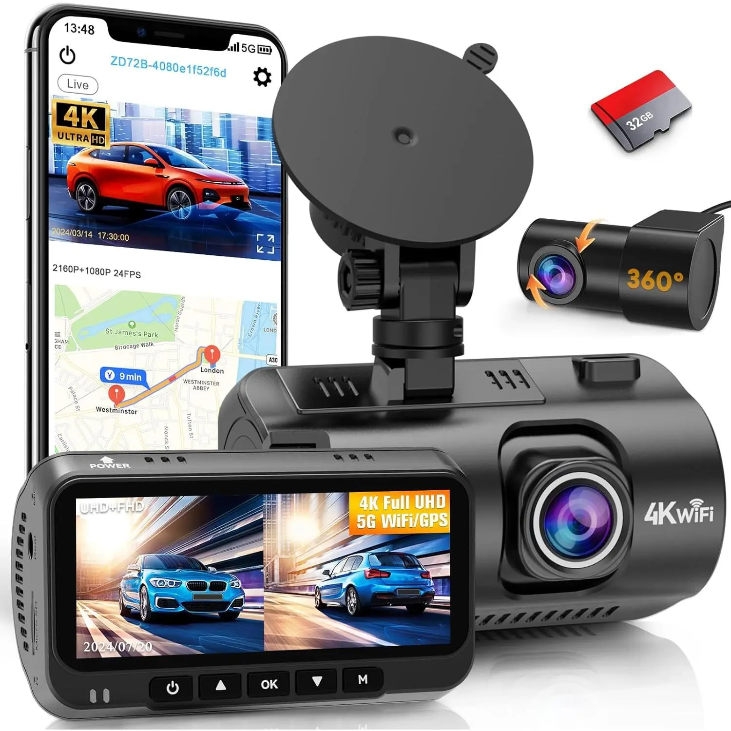 4K Dash Cam Front Rear - With GPS & WiFi - Night Vision,24H Parking Mode,Compact Design,Easy USB Setup,170° Wide Angle,Free 32GB SD Card,For Car,SUV,Truck