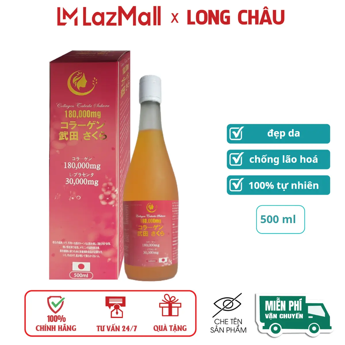 Nước uống trắng da Collagen TAKEDA SAKURA 180,000mg giúp bổ sung collagen, đẹp da, giảm lão hóa – Chai 500ml