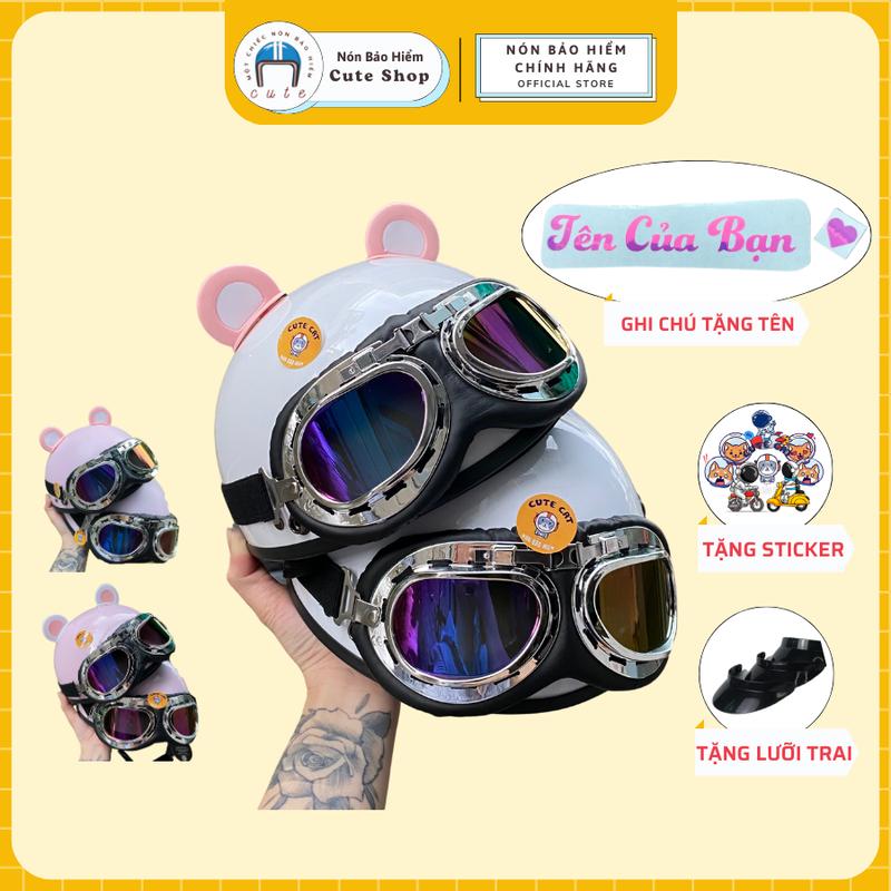 Mũ Bảo Hiểm Nửa Đầu Kính Phi Công Kèm Phụ Kiện Tai Gấu Gắn Nón Bảo Hiểm Cute, Mũ Bảo Hiểm 1/2 Đầu Dễ Thương CUTE CAT
