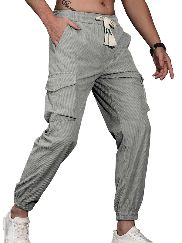 Men's Solid Pocket Drawstring Waist Corduroy Pants, Regular Fit Casual Street Fashion Trousers for Spring & Fall, Men's Bottoms for Daily Wear 4