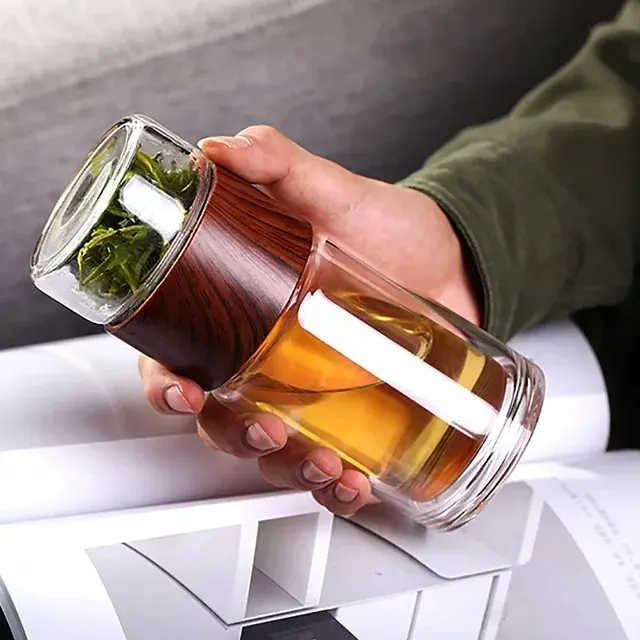 double wall glass Water Bottle Tea Infuser With Lid Filter 230ml