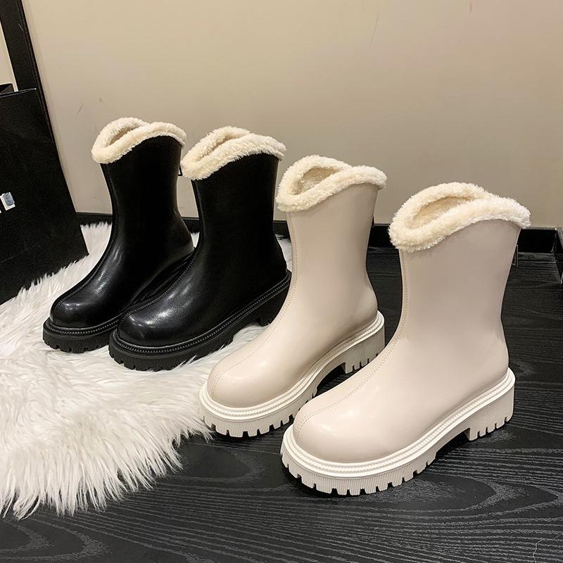 TikTok Shop Foreign Trade European Booties Women s Fleece lined Slip on British Plus Size Martin Boots 2024 Autumn and Winter New Mid Heel Cotton Shoes