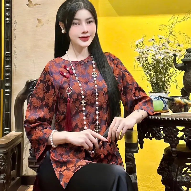 Pháp Phục Đi Chùa . Bộ Lụa Gấm Hoa Cúc Tết , Quần Lụa Vân ( tặng kèm tag cài áo ) Cao Cấp. 3