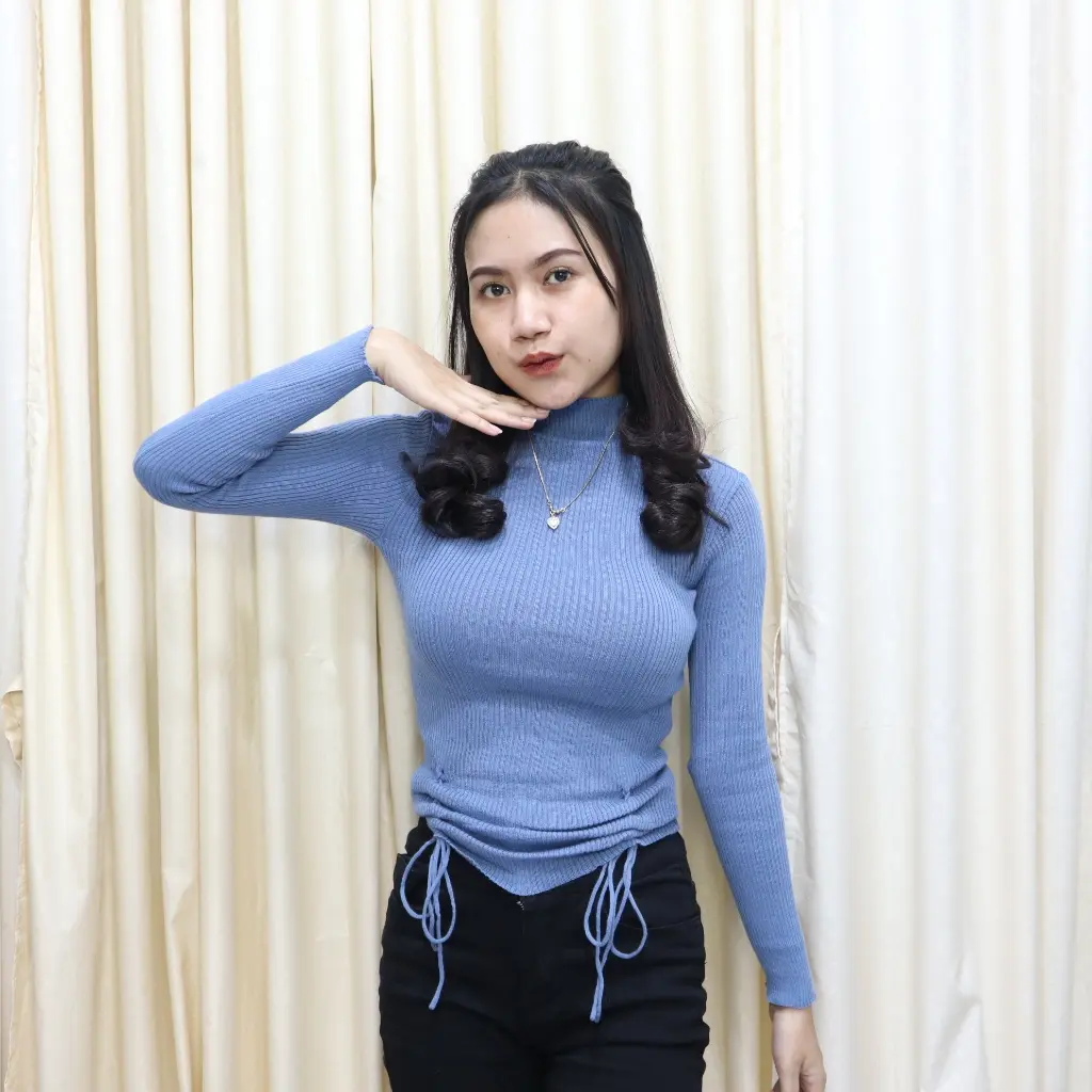 Atasan Kaos Rajut Lengan Panjang Tali Serut Wanita Baju Knitwear