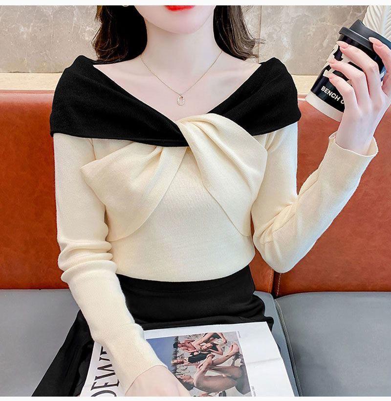 Product Introduction of Áo Lớp Nền Dệt Kim, Dành Cho Nữ, Thiết Kế Thắt Nơ Và Khối Màu, Hàng Mới Về Mùa Thu Và Mùa Đông, Áo Độc Đáo Áo Len Trễ Vai Màu Tương Phản Siêu Đẹp 4