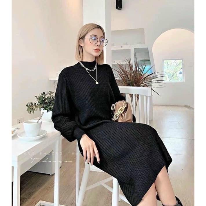 Váy len tay bồng dáng suông chất len tăm mịn cổ cao, Đầm nữ dài cổ tròn mùa thu đông 3 màu