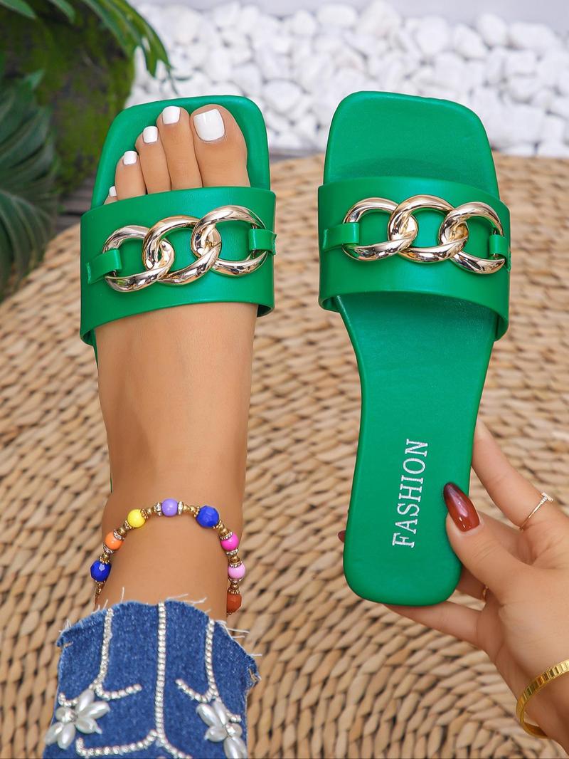 Product Introduction of Women's Fashionable Plain Color Chain Decorated  Slip on Slides, Casual Comfortable Square Toe Slippers for Summer, Lightweight Breathable Shoes for Daily Wear 9