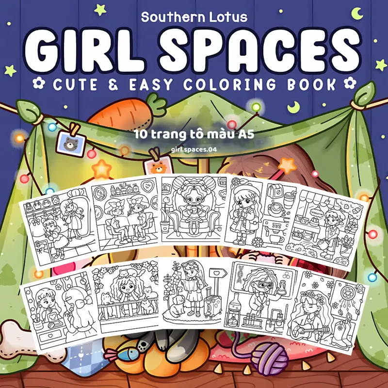 Bộ Tranh Tô Màu Chữa Lành, Thư Giãn Girl Spaces Của Southern Lotus, Giấy Dày Đẹp 120/180gsm Phù Hợp Với Mọi Loại Bút 6
